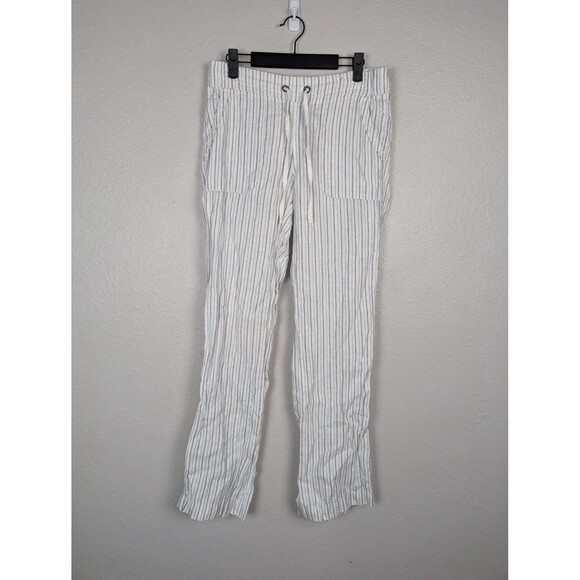 Athleta Pants Womens Medium White Gray Stripe 100% Linen Drawstring Pockets Mb - Picture 1 of 8